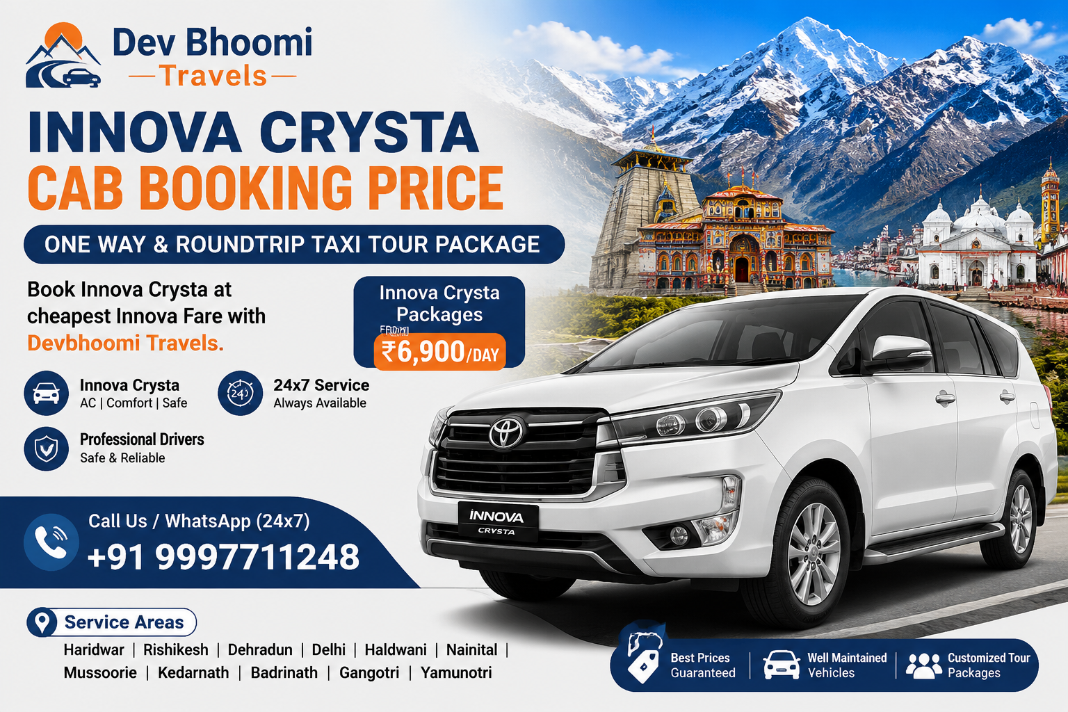 Innova Crysta Cab Booking Price | One Way & Roundtrip Taxi Tour Package | Dev Bhoomi Travels